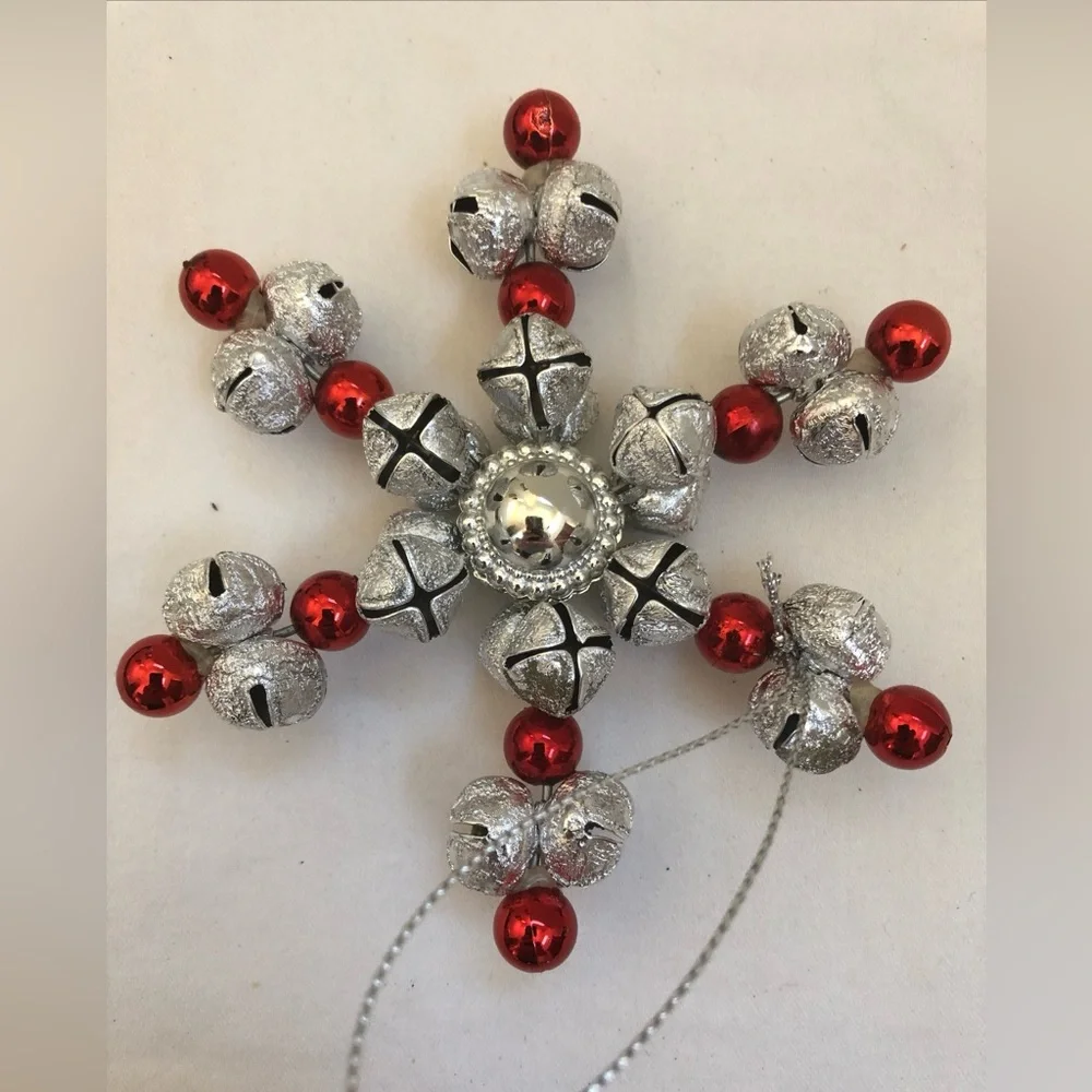 Jingle Bells Snowflake Vintage Christmas Ornament Star Silver Red Rings Hanging